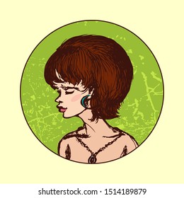 Round image of an attractive young woman with a magnificent hairstyle in the style of the 60s. Sketch. Textured Background. Vector illustration