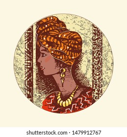 Round image of a black woman in ethnic dress and a national headdress on a textured background with ornamental elements. Sket. Icon, symbol, emblem. Vector illustration