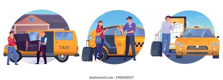 Imágenes redondeadas de carga y pedido de un taxi en una ilustración vectorial plana de fondo blanco