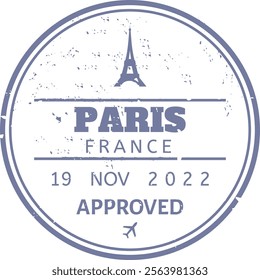 Round immigration passport stamp showing Eiffel Tower with Paris France lettering and date of approval with airplane symbol representing international travel