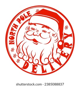 Round imprint with face of smiling Santa Claus, Christmas design element.