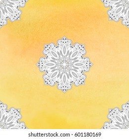 Round indian pattern. Yellow watercolor on backdrop. Seamless vector background. 