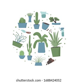 Round indoor plants composition. Set of potted house plants. Collection of hand drawn houseplants. Vector flat illustration.