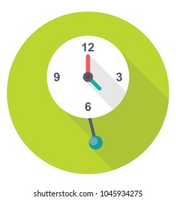 
A round indoor wall clock with pendulum 
