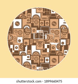 Round industrial panel. Monochrome techno design in retro style. Brown and beige colors. Vector illustration