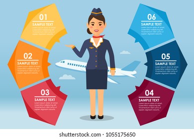 Round infografic with stewardess and airplane. Vector illustration