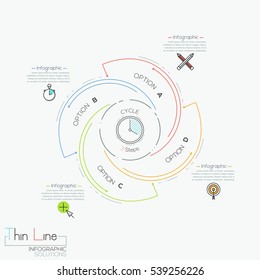 Round infographic design layout with 4 spiral lettered elements, clock in center, pictograms, text boxes. Business process timing concept. Vector illustration in thin line style for presentation, ad.