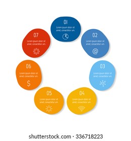 Round infographic diagram. Circular connected chart with 7 options. Progress steps for tutorial. Business concept sequence banner, process layout. EPS10 vector.