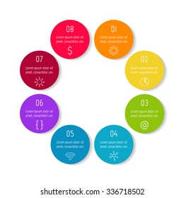 Round infographic diagram. Circular connected chart with 8 options. Progress steps for tutorial. Business concept sequence banner, process layout. EPS10 vector.