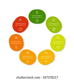 Round infographic diagram. Circular connected chart with 7 options. Progress steps for tutorial. Business concept sequence banner, process layout. EPS10 vector.