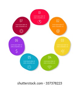 Round infographic diagram. Circular connected chart with 7 options. Progress steps for tutorial. Business concept sequence banner, process layout. EPS10 vector.
