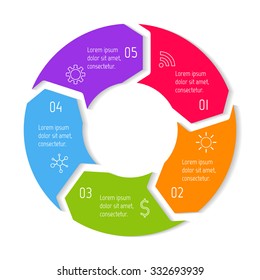 Round infographic diagram with five parts. Circular connected chart with 5 options. Progress steps for tutorial. Business concept sequence banner, process layout. EPS10 vector.