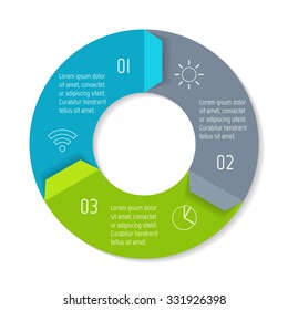 Round infographic diagram with folded arrows. Circular connected chart with 3 options. Progress steps for tutorial. Business concept sequence banner, process layout. EPS10 vector.