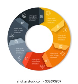 Round infographic diagram with folded arrows. Circular connected chart with 7 options. Progress steps for tutorial. Business concept sequence banner, process layout. EPS10 vector.