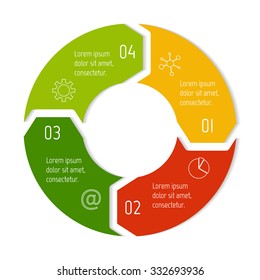 Round infographic diagram with four parts. Circular connected chart with 4 options. Progress steps for tutorial. Business concept sequence banner, process layout. EPS10 vector.