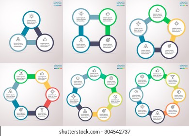 Round information blocks connected in series. Charts, graphs, diagrams with 3, 4, 5, 6, 7, 8 steps, options, parts, processes. Vector infographic templates for presentation, report and training.