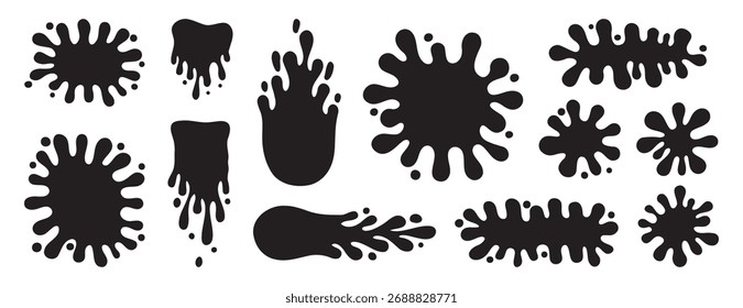 Flachkollektion mit runden Tintenspritzer. Paint Splash Formen schwarzen Satz. dekorative Formen Flüssigkeiten. Grunge-Spritzer und im groovigen Cartoon-Stil. Vektorgrafik
