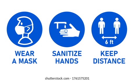 Round Instruction Signs with Basic Set of Measures against the Spread of Coronavirus Covid-19 including Wear a Mask, Sanitize Hands and Keep Distance 6 ft or 6 Feet. Vector Image.