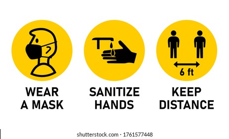 Round Instruction Signs with Basic Set of Measures against the Spread of Coronavirus Covid-19 including Wear a Mask, Sanitize Hands and Keep Distance 6 ft or 6 Feet. Vector Image.