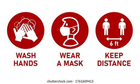 Round Instruction Signs with Basic Set of Measures against the Spread of Coronavirus Covid-19 including Wash Hands, Wear a Mask and Keep Distance 6 ft or 6 Feet. Vector Image.