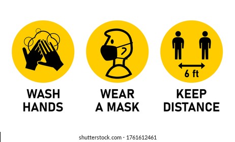 Round Instruction Signs with Basic Set of Measures against the Spread of Coronavirus Covid-19 including Wash Hands, Wear a Mask and Keep Distance 6 ft or 6 Feet. Vector Image.