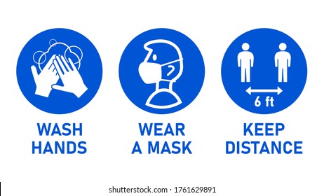 Round Instruction Signs with Basic Set of Measures against the Spread of Coronavirus Covid-19 including Wash Hands, Wear a Mask and Keep Distance 6 ft or 6 Feet. Vector Image.