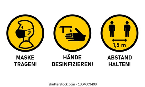 Round Instruction Signs in German with Basic Set of Measures against the Spread of Coronavirus Covid-19 including Wear a Mask, Sanitize Hands and Keep Distance 1,5 m or 1,5 Meters. Vector Image.