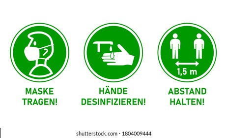 Round Instruction Signs in German with Basic Set of Measures against the Spread of Coronavirus Covid-19 including Wear a Mask, Sanitize Hands and Keep Distance 1,5 m or 1,5 Meters. Vector Image.