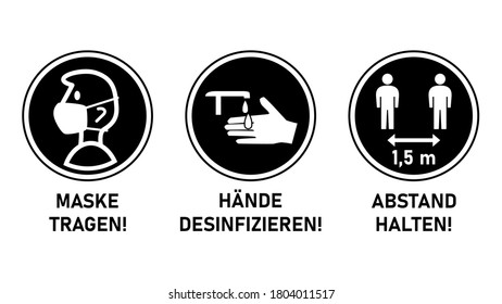 Round Instruction Signs in German with Basic Set of Measures against the Spread of Coronavirus Covid-19 including Wear a Mask, Sanitize Hands and Keep Distance 1,5 m or 1,5 Meters. Vector Image.