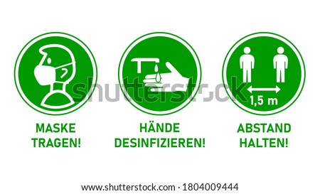 Round Instruction Signs in German with Basic Set of Measures against the Spread of Coronavirus Covid-19 including Wear a Mask, Sanitize Hands and Keep Distance 1,5 m or 1,5 Meters. Vector Image.