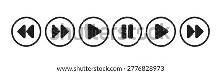 Round interface buttons for media navigation featuring play pause rewind and fast forward symbols set.