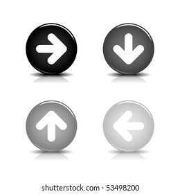 Round internet web button with arrow sign. Gray glossy round shape with shadow and reflection. White background