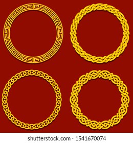 Round interwoven chinese frame. Vintage Elements on classic red background. Vector illustration.