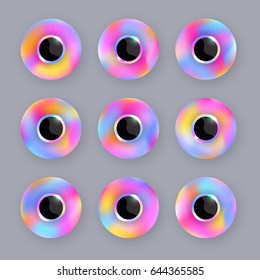Round iridescent buttons with blur effect and glare of light. Trendy  rainbow design. Set, collection. Elements for design with a place for numbers or signs. Vector EPS10.