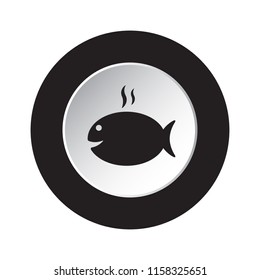round isolated black and white button icon - grilling fish with smoke
