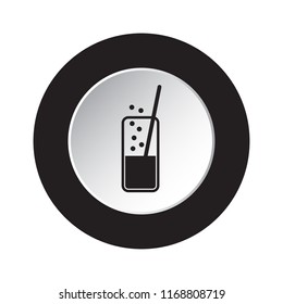 round isolated black and white button icon - glass with carbonated drink and straw