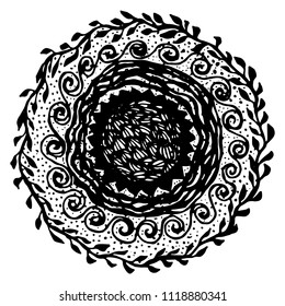 Round isolated black and white zentangle floral mandala with petals and dots.