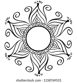 Round isolated black and white zentangle floral mandala 