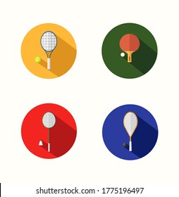 Round isolated flat design icons of tennis, badminton, table tennis (ping pong) and squash. Racket and ball. Vector graphic.