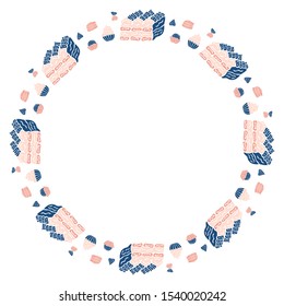Round isolated frame made of pink-blue desserts of tiramisu, cakes, macarons and  truffes in Scandinavian style on a white background. Vector.