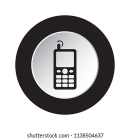 round isolated icon, black and white button with black old mobile phone with antenna and signal