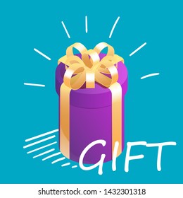 Round isometric gift box with graphic motion elements. Surprise present concept. Vector illustration on bright blue background.