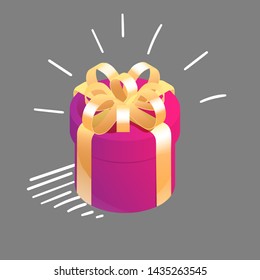 Round isometric gift box with graphic motion elements. Symbol of happiness, joy. Vector illustration.