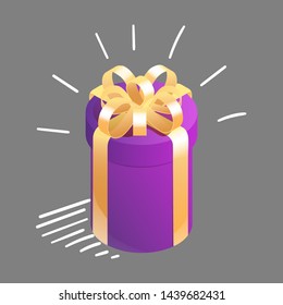 Round isometric gift box with graphic motion elements. Symbol of happiness, joy. Vector illustration.