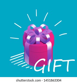 Round isometric gift box with graphic motion elements. Surprise present concept. Vector illustration on bright blue background.