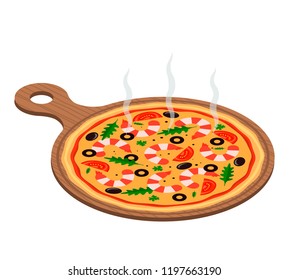 Round Italian hot pizza with seafood-shrimps on a wooden board. flat vector illustration isolated on white background. poster for pizzerias