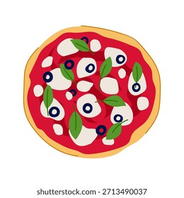 Round italian pizza presented in a flat design, featuring vibrant tomato sauce, fresh mozzarella, black olives, and green basil leaves, perfect for food themes