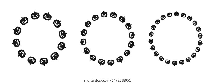 Round Jack O Lantern Pumpkin Halloween Frame Border Silhouette Set. Social Media Post Card Template Vector Illustration.