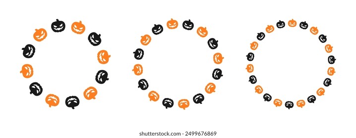 Round Jack O Lantern Pumpkin Halloween Frame Border Silhouette Set. Social Media Post Card Template Vector Illustration.