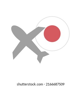 Round Japanese flag and airplane icon. Overseas travel to Japan. Vector.